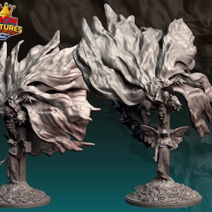 May include: A detailed, gray 3D-printed miniature sculpture featuring a skeletal figure with flowing fabric and an angel on a cross-shaped base. The sculpture has intricate details and is set on a circular base.