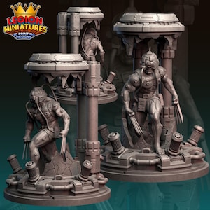 May include: Gray 3D-printed miniature figurines of a muscular character with metal claws, standing on a circular base with industrial-style details. The figurines are positioned near a futuristic-looking structure with the text "LEGION MINIATURES 3D PRINTING DESIGNS".
