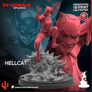 May include: A red 3D-printed Hellcat figurine in a dynamic pose, atop a textured base. The figure is detailed with costume elements. The background features a comic-style illustration and the Trident Studio logo. Text includes "HELLCAT" and "Presupported Print Tested."