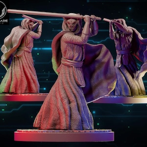 May include: Three figures in flowing robes, each holding a long staff, are depicted in a dynamic pose. The figures are on a base, and the image has a futuristic, digital background. The Wardlade Studio logo is in the upper left corner.