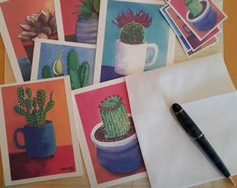 Note Card and Sticker Set, cactus note cards, succulent note cards, gouache