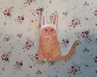 Sticker, LARGE, Easter Cat Sticker, 2 1/2" x 3" cat sticker, orange cat stick, cat in rabbit ears, single sticker