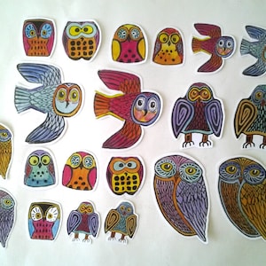 Colorful Owl Stickers, unique hand cut, Art Stickers, owl sticker set, owl art image 1