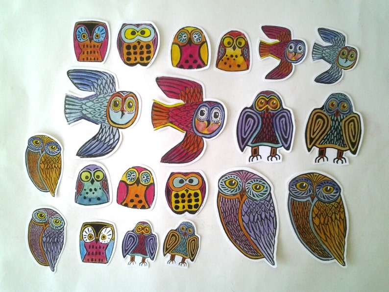 Colorful Owl Stickers, unique hand cut, Art Stickers, owl sticker set, owl art image 1