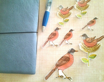 Stickers, Spring Robin Stickers robin red breast, unique, hand cut, Art Stickers