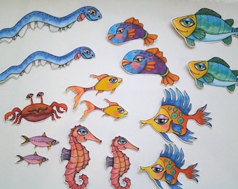 Ocean Fish Stickers, unique hand cut art stickers, fish stickers, fish sticker set