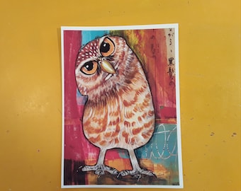 Owl Art, owl print, baby owl, owl painting, mixed media owl, 5x7 print