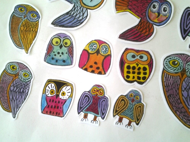 Colorful Owl Stickers, unique hand cut, Art Stickers, owl sticker set, owl art image 2