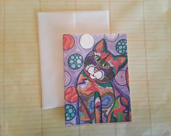 Cat Note Crad, cat card, blank note card, Kaleidoscope Cat, cat art