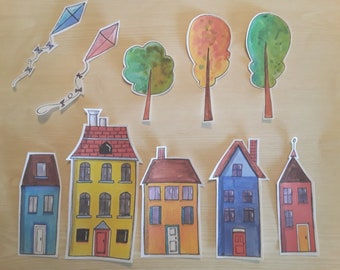 Sticker Set, Neighboorhood 1, house stickers, tree stickers, kite stickers, Art Stickers