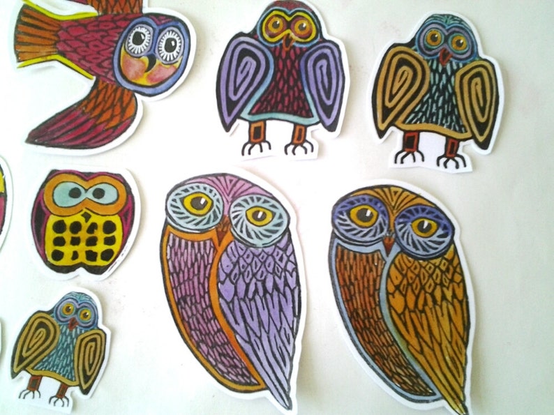 Colorful Owl Stickers, unique hand cut, Art Stickers, owl sticker set, owl art image 3