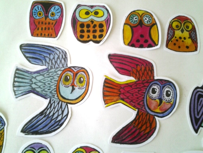 Colorful Owl Stickers, unique hand cut, Art Stickers, owl sticker set, owl art image 4