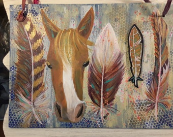 Horse Art, original art, mixed media art, horse and feather, acrylic painting, horse painting, original painting