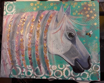 Horse Art, Horse acrylic painting, horse and bee, original art, original painting, horse canvas