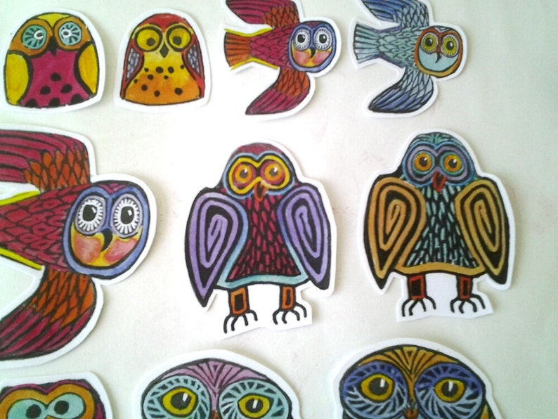 Colorful Owl Stickers, unique hand cut, Art Stickers, owl sticker set, owl art image 5