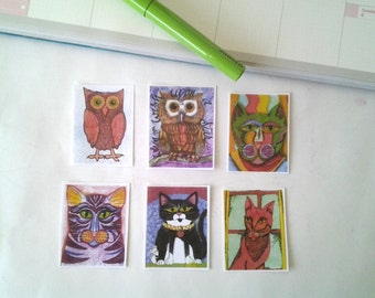 Stickers, Owl and Cat Stickers, sticker set, owls, cats, art stickers, owl art, cat art