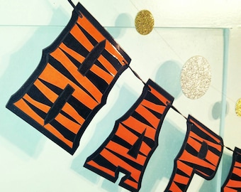 Striscione di compleanno con stampa di tigre, striscione di compleanno con tigre, festa di compleanno con tigre, striscione di BUON COMPLEANNO con strisce di tigre, festa con strisce di tigre