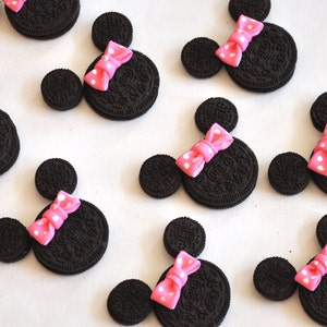 Minnie Mouse Fondant Bows 24 Count Birthday Cupcake Toppers Oreo Cookie Sized Edible Fondant Pink Polka Dots Clearance Sale image 2