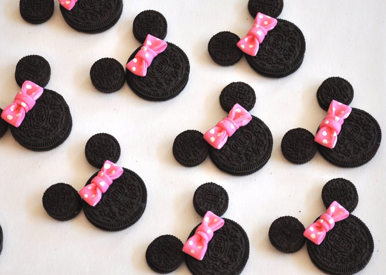 Minnie Mouse Fondant Bows 24 Count Birthday Cupcake Toppers Oreo Cookie Sized Edible Fondant Pink Polka Dots Clearance Sale image 2