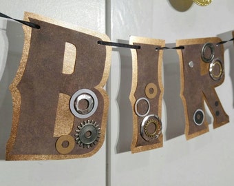 Pancarta Steampunk para fiesta, fiesta de cumpleaños Steampunk, decoración Steampunk, artículos para fiesta Steampunk, pancarta Steampunk personalizada, FELIZ CUMPLEAÑOS