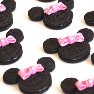 Minnie Mouse Fondant Bows 24 Count Birthday Cupcake Toppers Oreo Cookie Sized Edible Fondant Pink Polka Dots Clearance Sale image 1