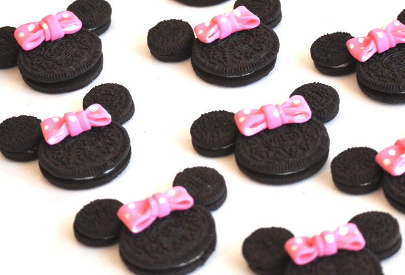 Minnie Mouse Fondant Bows 24 Count Birthday Cupcake Toppers Oreo Cookie Sized Edible Fondant Pink Polka Dots Clearance Sale image 1