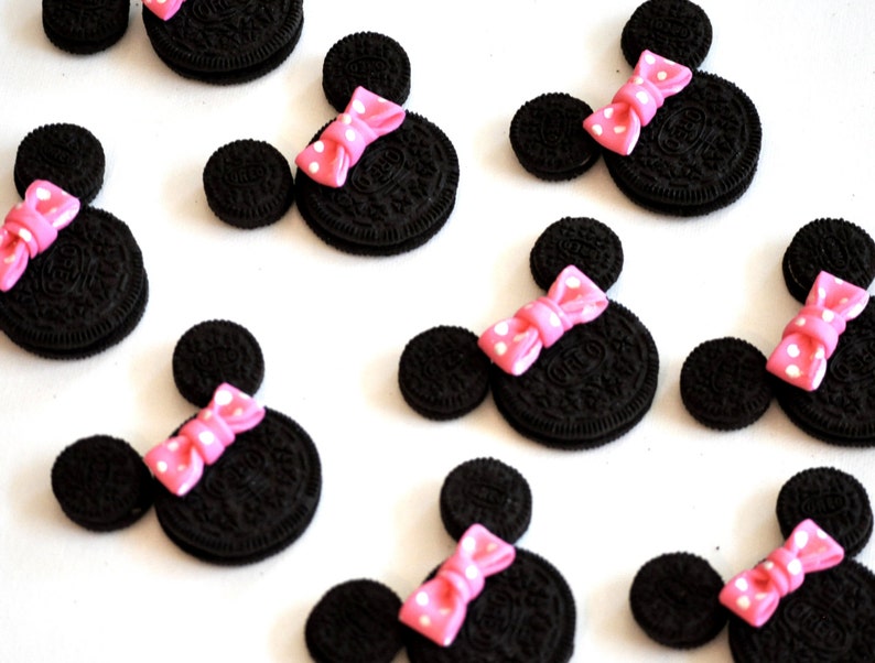 Minnie Mouse Fondant Bows 24 Count Birthday Cupcake Toppers Oreo Cookie Sized Edible Fondant Pink Polka Dots Clearance Sale image 4