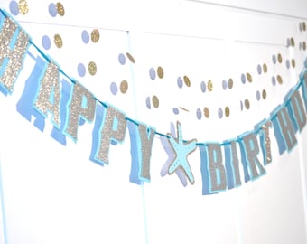 Pancarta de cumpleaños con estrellas de mar, pancarta de cumpleaños playera, cumpleaños con temática oceánica, fiesta temática playera, pancarta de fiesta playera, FELIZ CUMPLEAÑOS