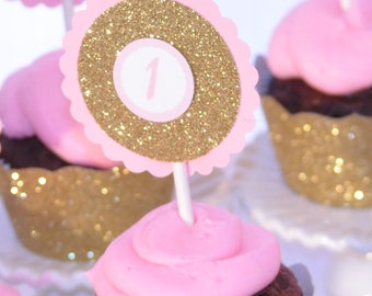 Pink and Gold Cupcake Toppers and Gold Cupcake Wrappers, Gold and Pink, Personalized Cupcake Toppers, Pink Cupcake Toppers, Pink Party Decor