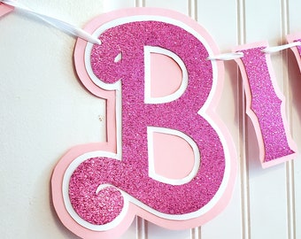 Banner de cumpleaños rosa sobre rosa, Banner de cumpleaños rosa, Banner de FELIZ CUMPLEAÑOS rosa femenino, Fiesta de cumpleaños rosa personalizada, Banner de muñeca rosa