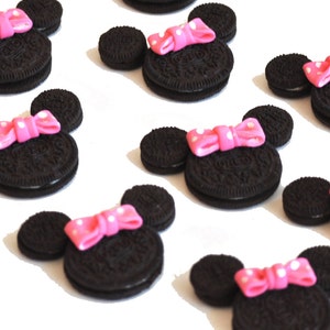 Minnie Mouse Fondant Bows 24 Count Birthday Cupcake Toppers Oreo Cookie Sized Edible Fondant Pink Polka Dots Clearance Sale image 3