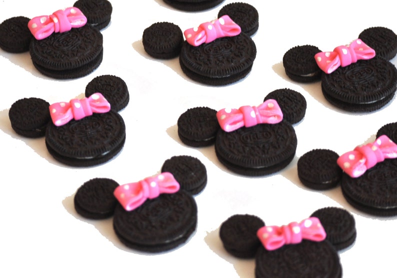 Minnie Mouse Fondant Bows 24 Count Birthday Cupcake Toppers Oreo Cookie Sized Edible Fondant Pink Polka Dots Clearance Sale image 3