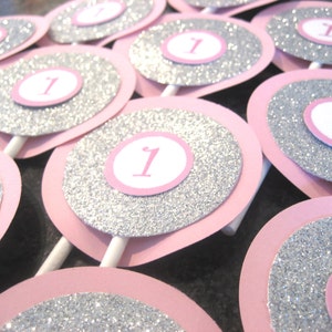 Pink and Silver Cupcake Toppers, Silver and Pink Cupcake Toppers, Silver Cupcake Toppers, Pink Cupcake Toppers, Silver and Pink image 1