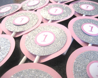 Pink and Silver Cupcake Toppers, Silver and Pink Cupcake Toppers, Silver Cupcake Toppers, Pink Cupcake Toppers, Silver and Pink