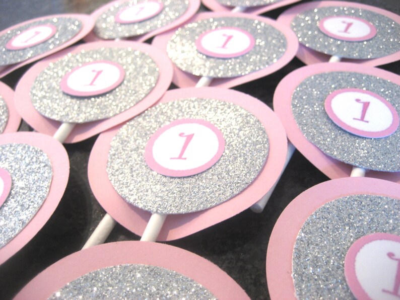 Pink and Silver Cupcake Toppers, Silver and Pink Cupcake Toppers, Silver Cupcake Toppers, Pink Cupcake Toppers, Silver and Pink image 1