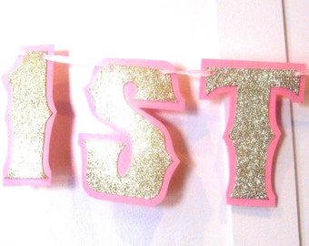 Bandera de 1er cumpleaños rosa y oro, bandera rosa y dorada, fiesta rosa y dorada, fiesta de cumpleaños rosa, pancarta de primer cumpleaños, FELIZ 1er cumpleaños