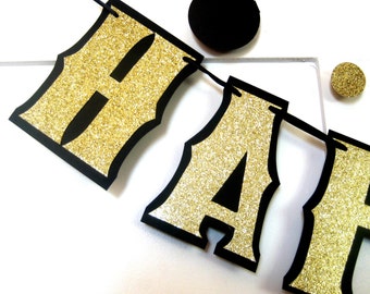 Pancarta de cumpleaños negra y dorada, pancarta dorada de FELIZ CUMPLEAÑOS, pancarta de cumpleaños personalizada, purpurina dorada y negra, pancarta de fiesta dorada, dorada