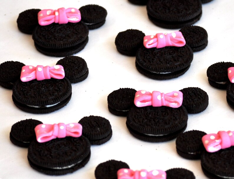 Minnie Mouse Fondant Bows 24 Count Birthday Cupcake Toppers Oreo Cookie Sized Edible Fondant Pink Polka Dots Clearance Sale image 5