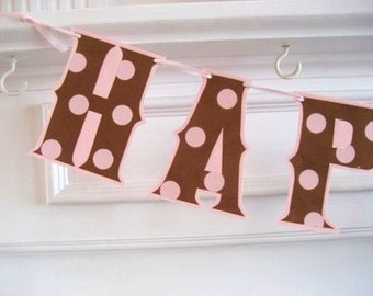 Birthday Banner, Pink and Brown Birthday Banner, Pink and Brown Polka Dots, HAPPY BIRTHDAY Banner, Custom Birthday Banner