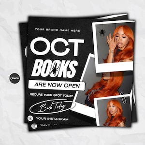 May include: A black square promotional flyer featuring the text OCT BOOKS ARE NOW OPEN and Book Today. The design includes three white-bordered polaroid-style frames displaying a person with vibrant orange hair and a small black spider graphic.