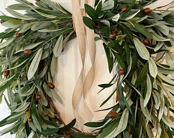 Cascading greenery wreath, Olive wreath, farmhouse wreath, year round wreath, porch wreath, sage green wreath, boho decor, housewarming gift
