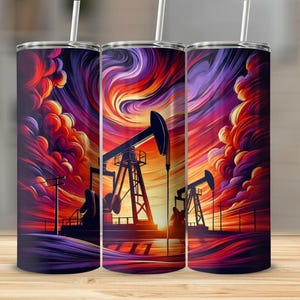 Oilfield Sublimation PNG | Oil Pump Skinny Tumbler Wrap | 20oz Oilfield Tumbler Design | Sunset Pumpjack PNG