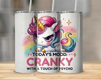 Unicornio gruñón divertido PNG – Diseño de sublimación para envoltorio de vaso (descarga digital)