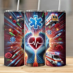 以下が含まれることがあります： 医療をテーマにしたステンレス鋼タンブラー。デザインは、心拍数のある心臓、青いライフスター、救急車、医療用品が特徴です。赤いバラと光のバーストの背景がデザインを完成させます。