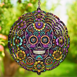 Colorful Sugar Skull Windspinner Design – Day of the Dead PNG for Sublimation – Floral Digital Wind Spinner Design