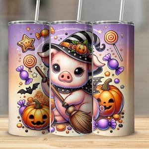 Cute Halloween Pig Tumbler Wrap PNG | Witch Pig Sublimation Design for 20oz Skinny Tumbler | Halloween PNG for Sublimation Crafting