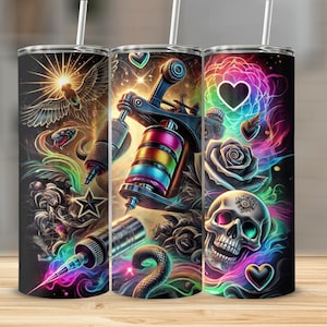 May include: Three black insulated tumblers with vibrant tattoo-themed designs. Each tumbler features a different design, including a tattoo machine, a skull, a rose, and other tattoo-related imagery, all set against a colorful, neon background.