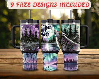 Celestial Wolf 40 Oz Tumbler Wrap | Aurora Borealis PNG (Pobieranie cyfrowe)