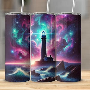 Lighthouse PNG for 20oz Skinny Tumbler | Cosmic Galaxy Lighthouse Sublimation Design | Lighthouse Wrap PNG |  Tumbler PNG