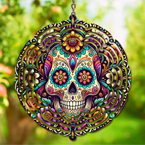 Colorful Sugar Skull Windspinner Design – Day of the Dead PNG for Sublimation – Floral Digital Wind Spinner Design